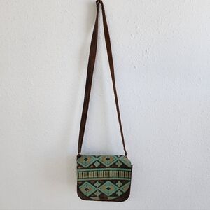 Leather Brown and Teal Patterned Crossbody Bag Western Style